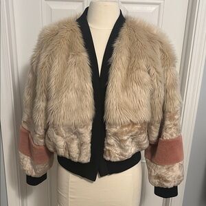 Young Fabulous & Broke Tan/Pink lined faux fur cropped Jacket size medium/large